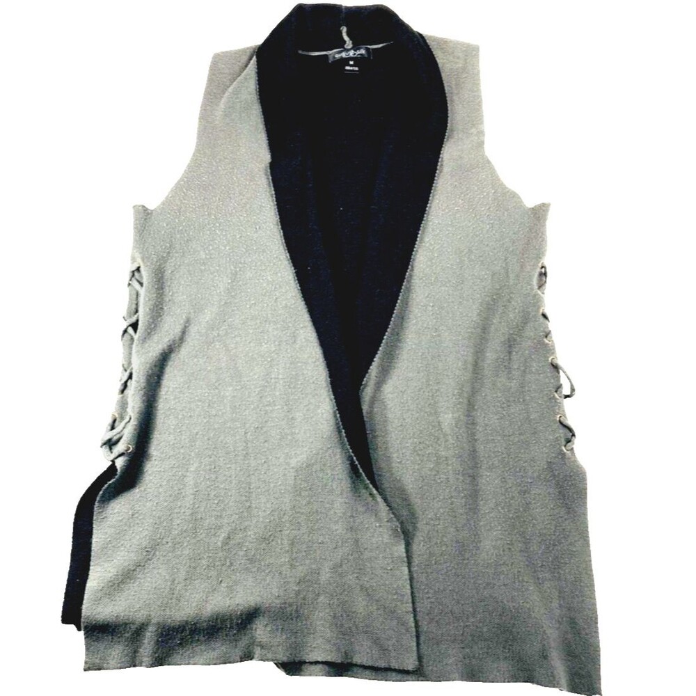 August Silk Open Cardigan Sweater Vest Gray M Lagenlook Anthropology Lace Hippie